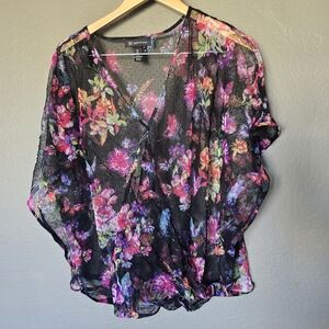 I.N.C. Whimsical Floral Sheer Blouse - Black and Pink